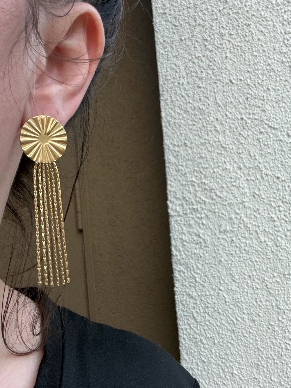 Gold Disc Tassel Statement Earrings – Long Chain Fringe Earrings - Picture 3 of 3